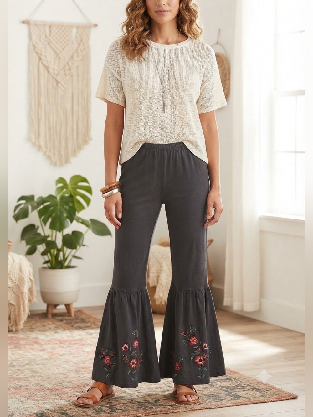 April Cornell Bell Bottom Gray Flared Pants Floral Embroidery Size M